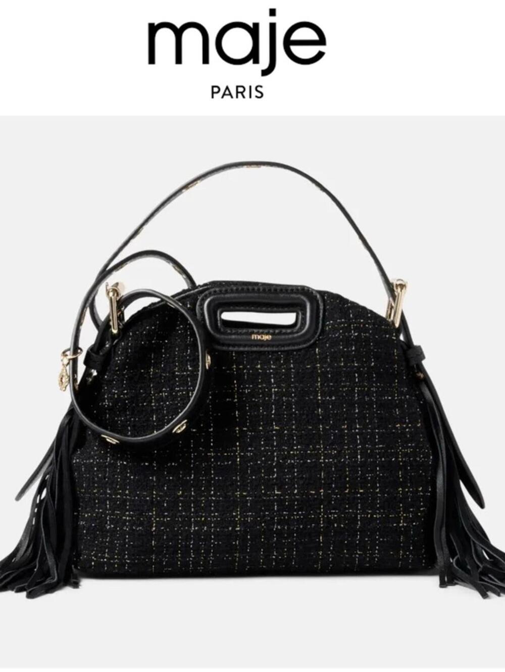 NWT MAJE Black Gold Metallic Tweed Crossbody Shoulder Bag Purse Leather Tassel - Picture 1 of 10